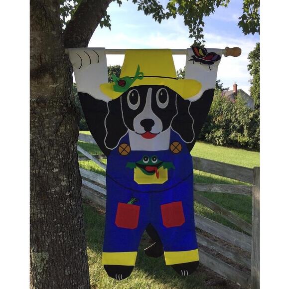 3D Dog Garden Flag Country Pup Blue Overalls Frog Butterfly Hanging Paws 37" - Picture 1 of 7